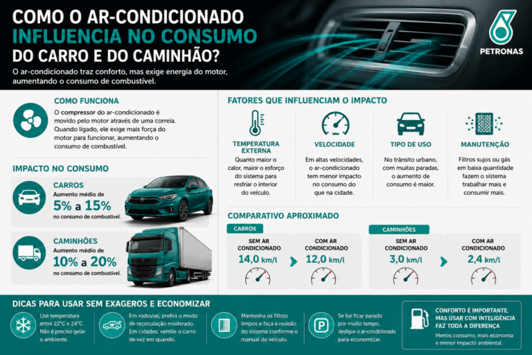 O ar-condicionado aumenta o esforço do motor e pode elevar o consumo de combustível.