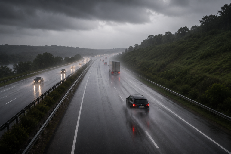 Reduzir velocidade na chuva ajuda a evitar aquaplanagem e aumenta controle do veículo.