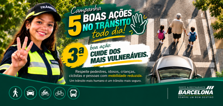 Ao encontrar uma criança, um idoso, um ciclista, um motociclista ou uma pessoa com mobilidade reduzida, lembre-se de que cada um enfrenta desafios diferentes para circular com segurança. Reduza a velocidade quando necessário, respeite o espaço dos outros e ofereça tempo suficiente para que todos possam seguir seu caminho. Afinal, o verdadeiro cuidado no trânsito começa quando compreendemos que nossas escolhas podem proteger vidas. Faça 5 Boas Ações no Trânsito Todo Dia!
