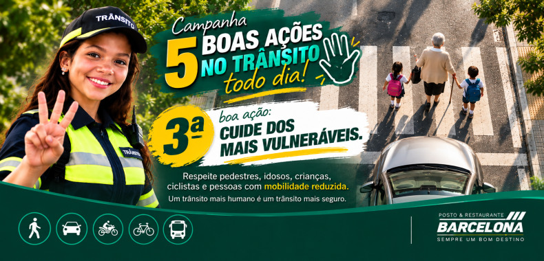 Ao encontrar uma criança, um idoso, um ciclista, um motociclista ou uma pessoa com mobilidade reduzida, lembre-se de que cada um enfrenta desafios diferentes para circular com segurança. Reduza a velocidade quando necessário, respeite o espaço dos outros e ofereça tempo suficiente para que todos possam seguir seu caminho. Afinal, o verdadeiro cuidado no trânsito começa quando compreendemos que nossas escolhas podem proteger vidas. Faça 5 Boas Ações no Trânsito Todo Dia!