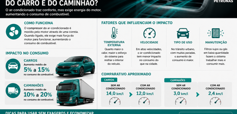 O ar-condicionado aumenta o esforço do motor e pode elevar o consumo de combustível.