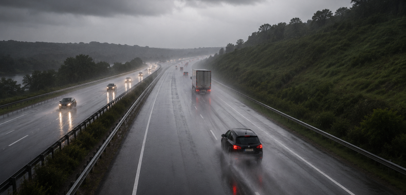 Reduzir velocidade na chuva ajuda a evitar aquaplanagem e aumenta controle do veículo.